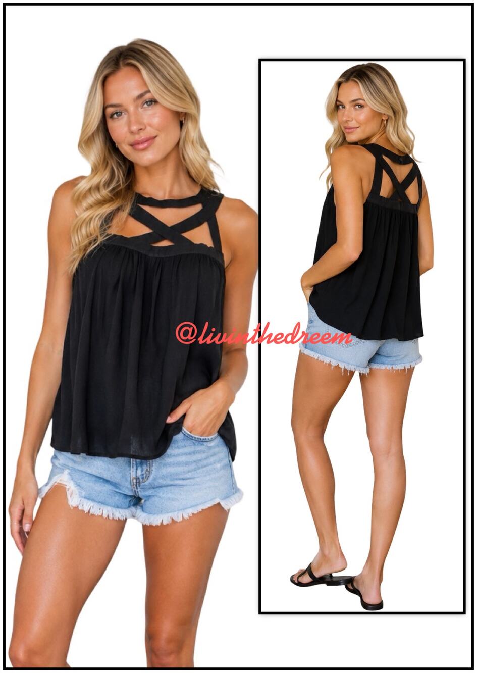 ANAMA Black Strappy Crop Baby Doll Top SZ L $59